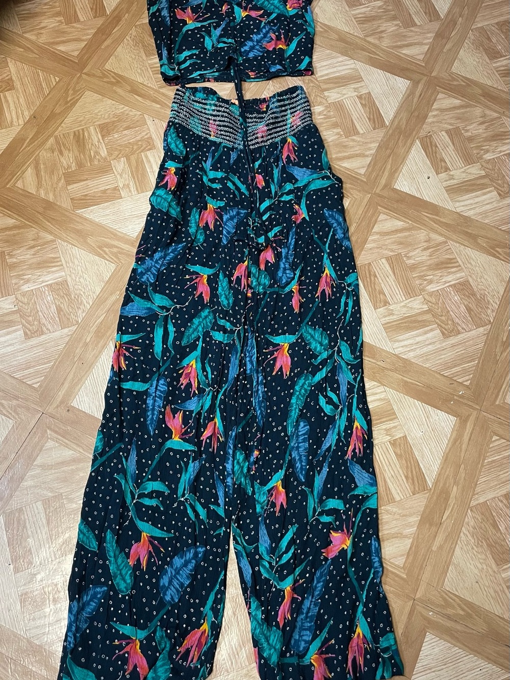 Aqua Black Wide-Leg Jumpsuit with Teal & Pink Floral Print